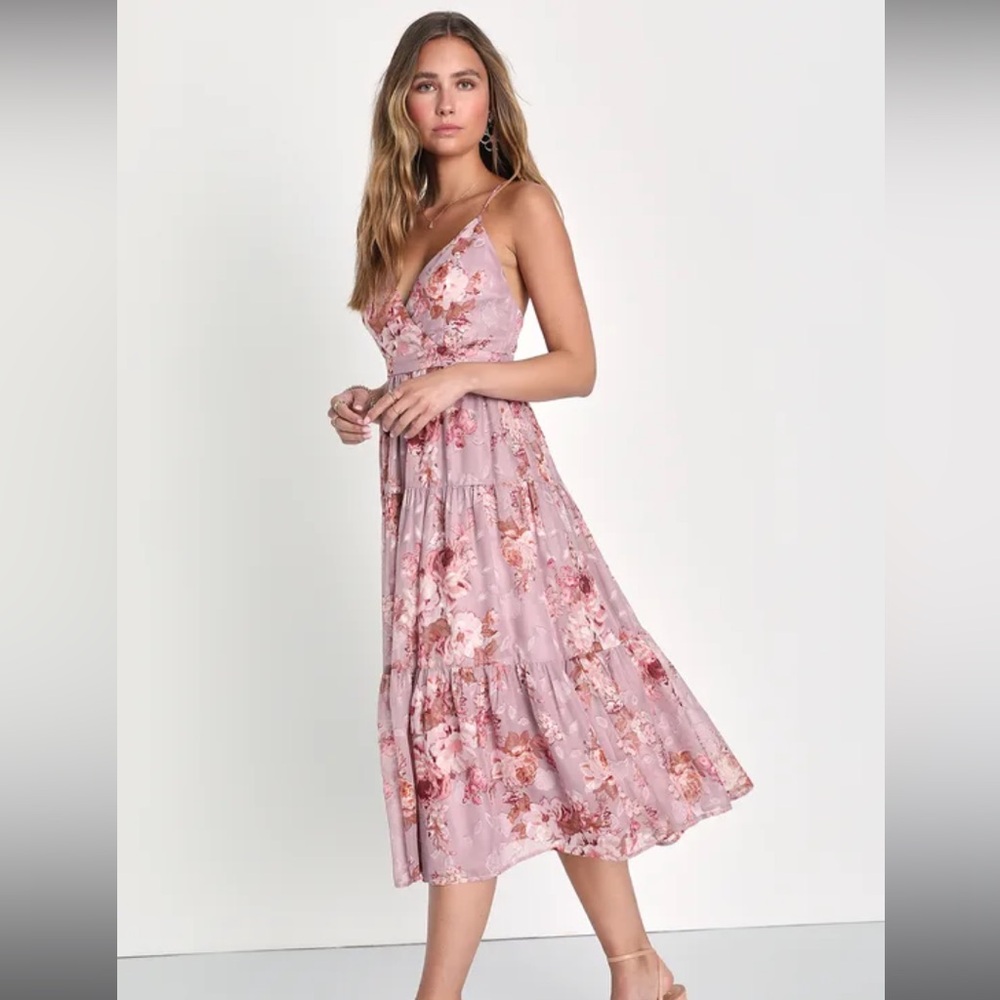 Lulus Lovely Energy Mauve Floral Print Tiered Backless Midi Dress